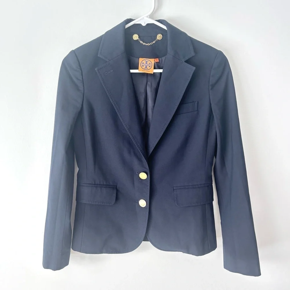 Tory Burch Navy Blue Wool Blend Blazer Gold Buttons Professional Business Career